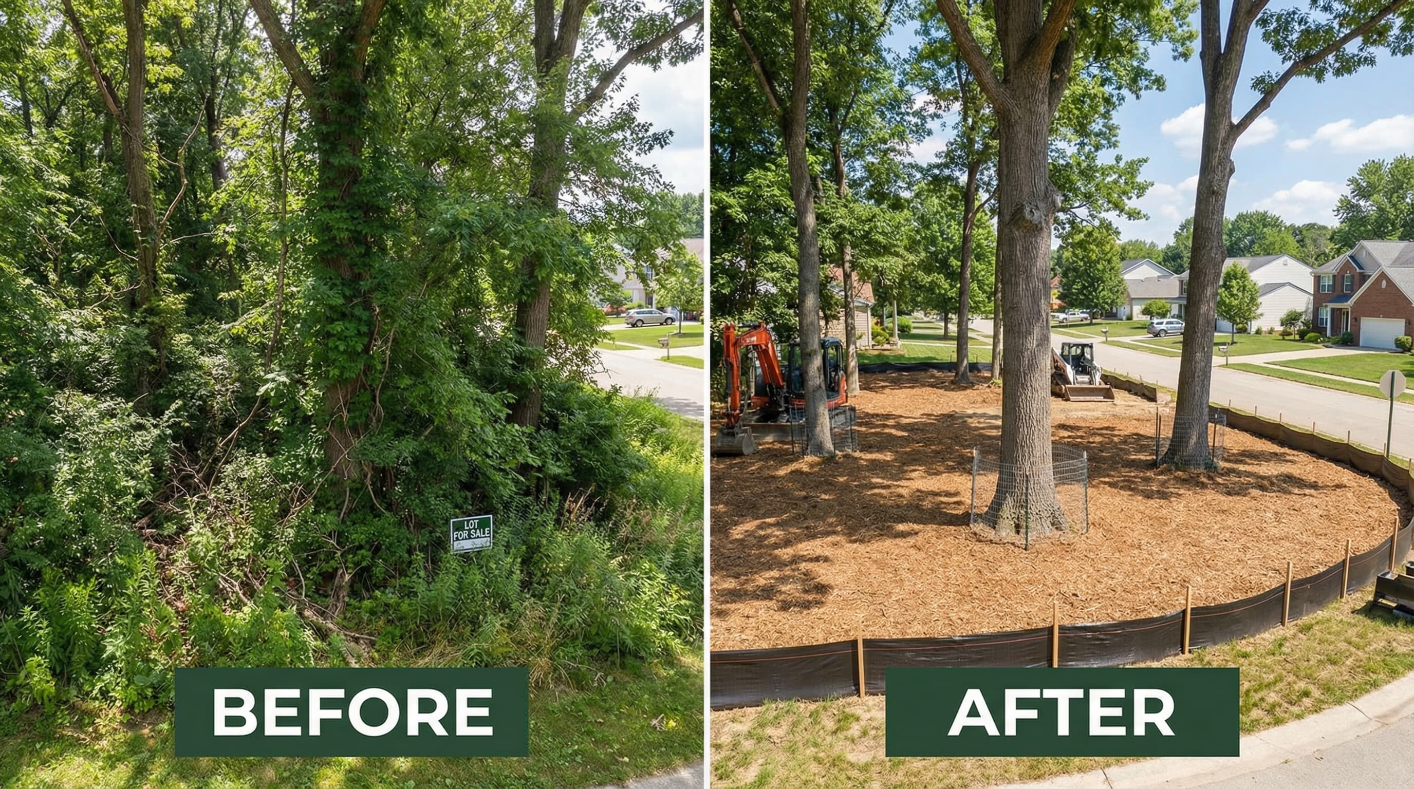 Before and after lot clearing for new construction