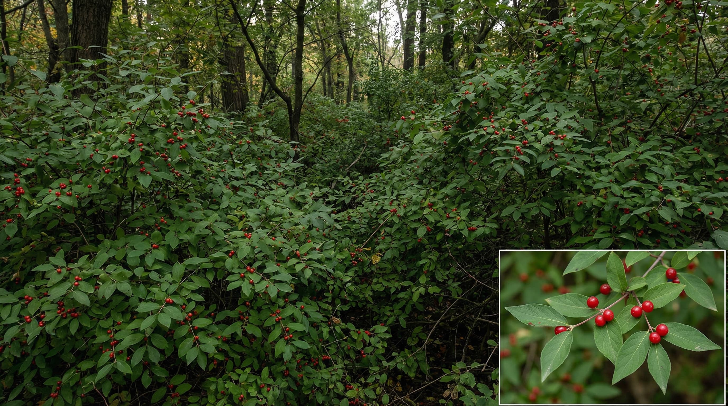 Bush honeysuckle invasion taking over an Ohio woodlot