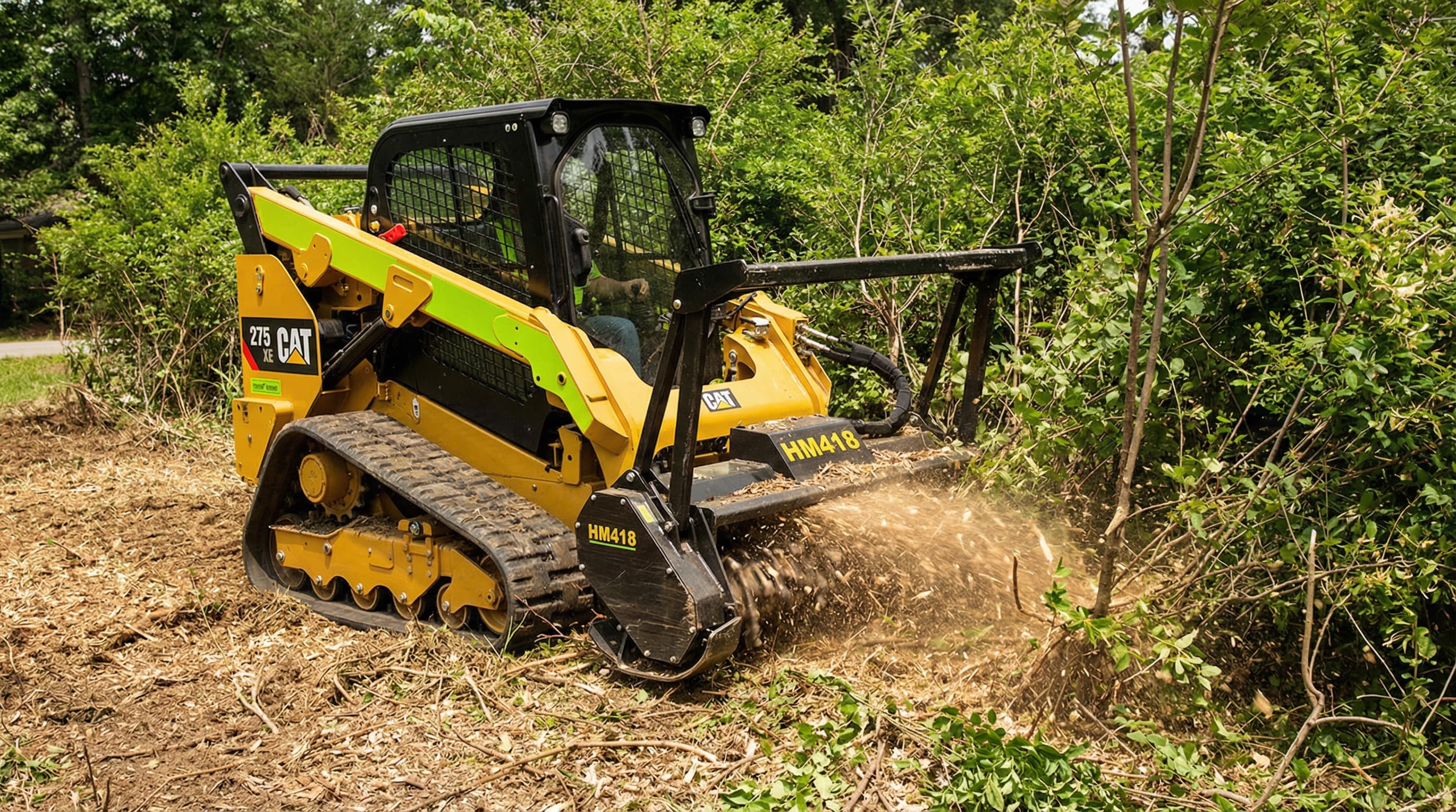 Cat 275 XE with HM418 mulcher in action — fixed per-acre pricing