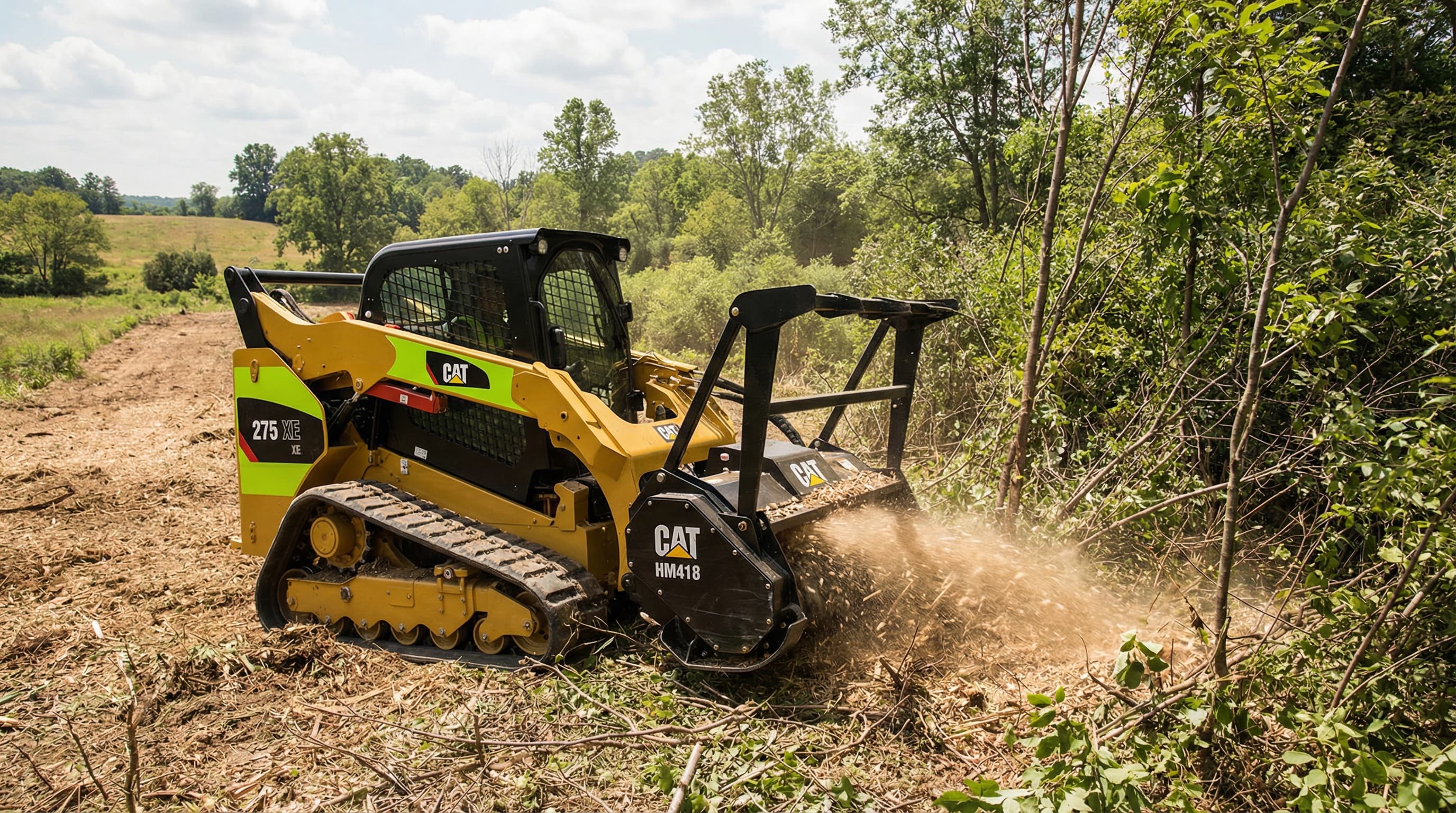 Tracked mulcher grinding standing brush into mulch on a Northeast Ohio property