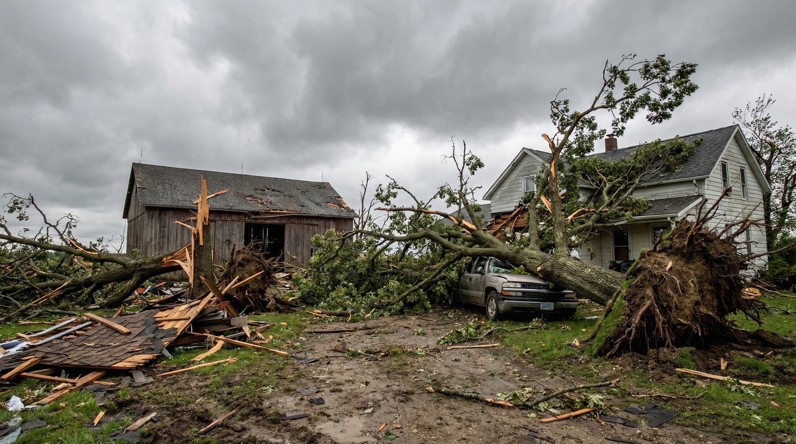 Storm damage aftermath with fallen trees on Ohio property
