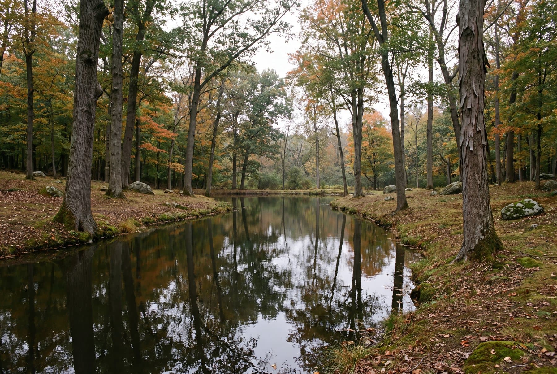 A secluded woodland pond with open, walkable banks and mature trees standing to the water's edge