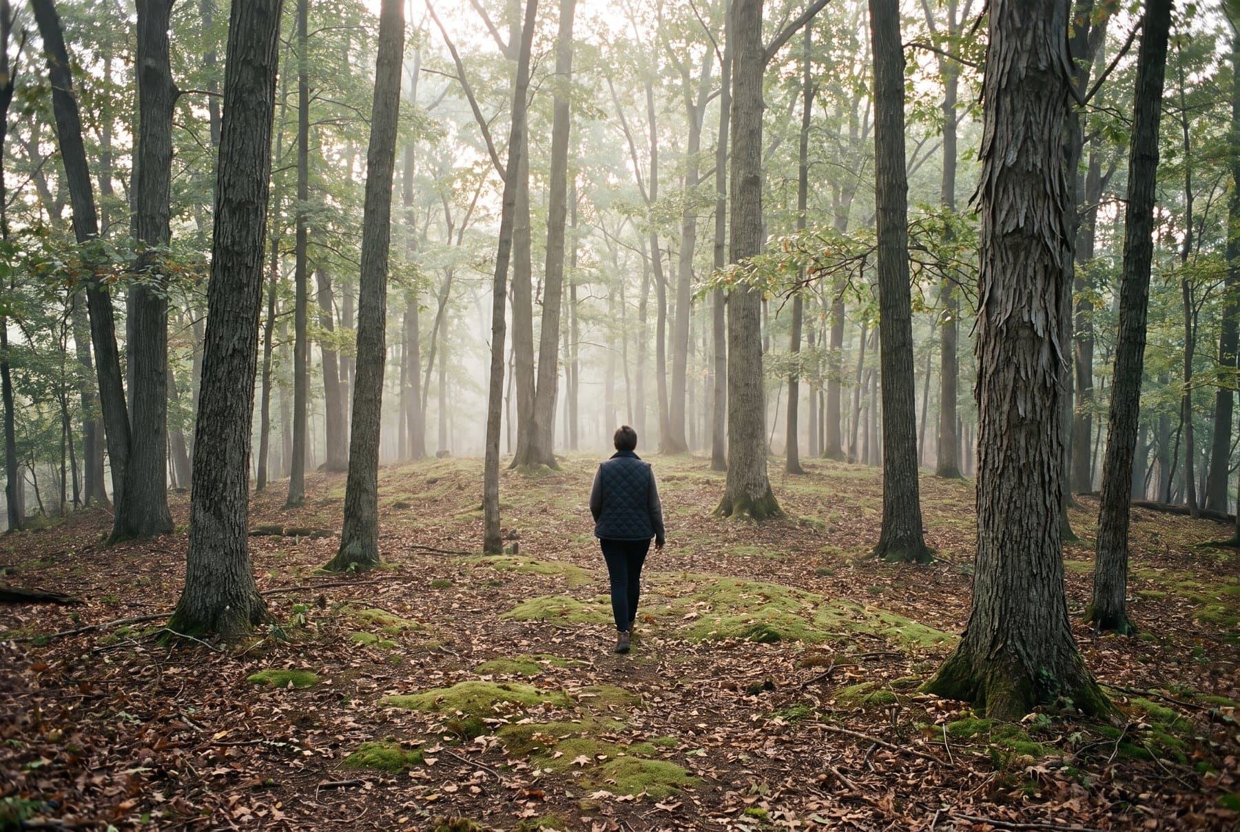 A person walking into open woodland with no defined trail, mature trunks well spaced around them