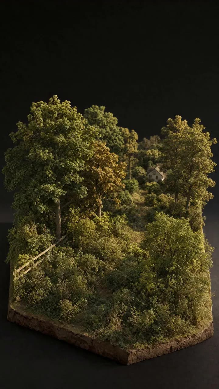 Illustrated sunlit woodland with a forestry mulcher opening a winding path beneath mature trees