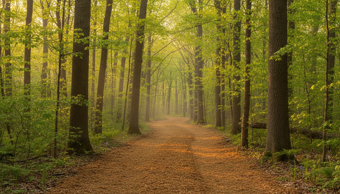 After ATV trail cut through dense hardwood forest — Geauga County woodlot